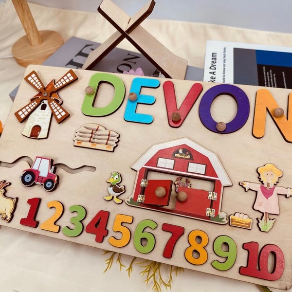 Custom Wooden Name Puzzle-Montessori Personalized Puzzle For Toddlers-1st Birthday Gift for Baby Girl Boy- Colorful Wooden Animals Name Sign