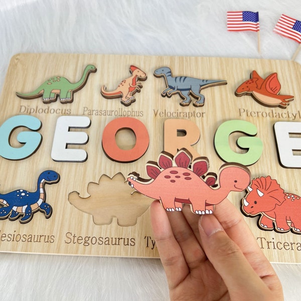 Puzzle fatto a mano personalizzato con dinosauro, puzzle con nome in legno, puzzle personalizzato con nome per bambini, giocattoli per bambini Montessori, regali per il primo compleanno per bambini