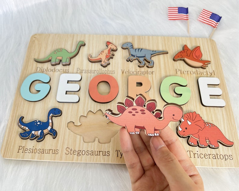 Custom Handmade Puzzle With Dinosaur ,Wooden Name Puzzle,Personalized Baby Name Puzzle,Montessori Baby Toys, 1st Birthday Gifts for Baby image 1