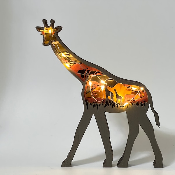 Girafe 3D sculptée en bois personnalisée avec décoration de bureau légère-animaux ornements dans le paysage forestier-jouets en bois pour enfant-cadeau personnalisé