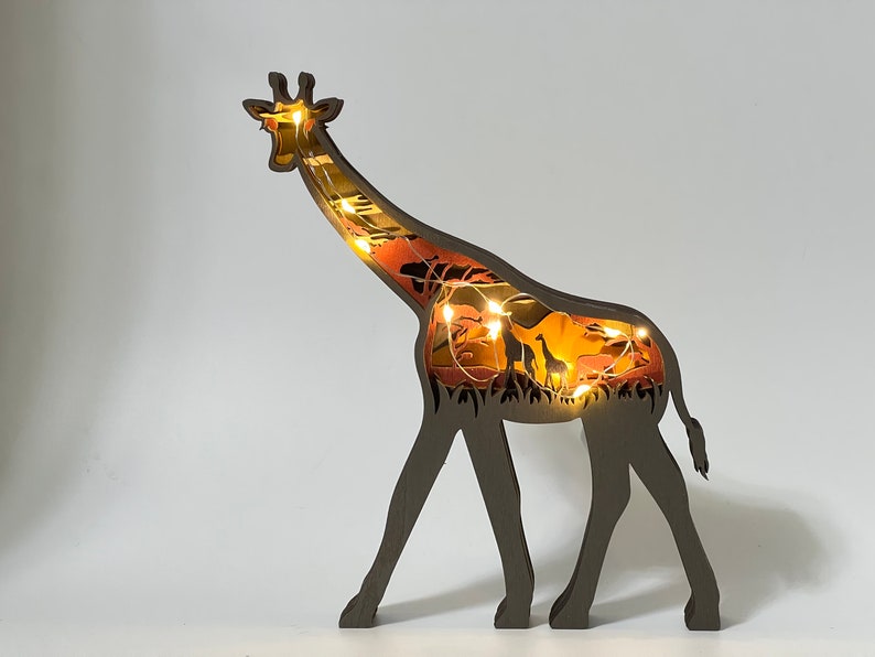 Custom Wooden Carved 3D Giraffe With Light Desk Decoration-Animals Ornaments in Forest Landscape-Wooden Toys For Kid-Custom Gift Giraffe With Light