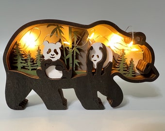 Wooden Carved Animal Ornaments With Lights-3D Wooden Panda Home Decoration-Wooden Toys for Kids-Kids Bedroom Desk Decoration