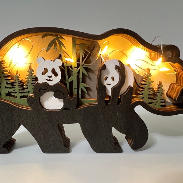 Ornements d'animaux sculptés en bois avec lumières-3D décoration de maison en bois de panda-jouets en bois pour enfants-décoration de bureau de chambre d'enfants