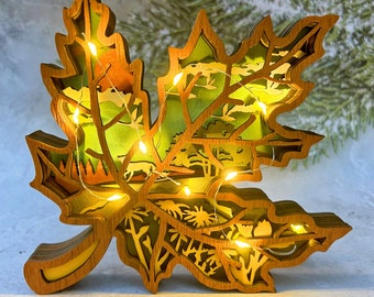 Custom 3D Wooden Carved Maple Leaf Ornament With Lights,Personalized Gift For Kids,Fall Leaves Hollow out Wooden Crafts,Wooden autumn Leaves