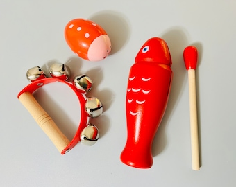 Ensemble de 3 instruments en bois en rouge, kit d'instruments jouets Montessori en bois pour tout-petits, instrument de musique pour bébé, instrument de musique, jouet en bois