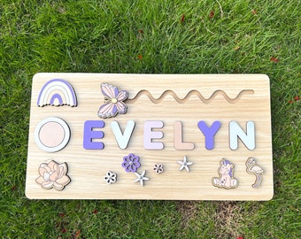 Custom Wooden Name Puzzle For Toddlers-Handmade Personalized Gift for Unisex Baby-Purple Rainbow and Butterfly Elements Wood Name Puzzle