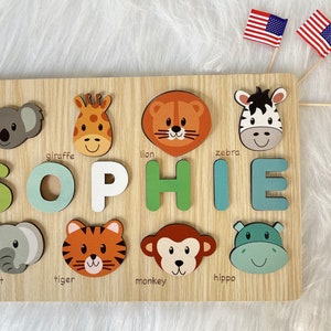 Custom Handmade Puzzle with Animals,Wooden Name Puzzle,Personalized Baby Name Puzzle,Montessori Baby Toys, Kids gift,Baby shower gift