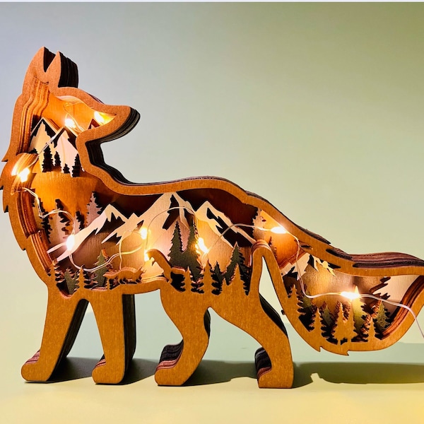 Benutzerdefinierte aus Holz geschnitzte 3D Fuchs mit hellem Schreibtisch Dekoration-Tiere Verzierungen in der Waldlandschaft-Holzspielzeug für Kinder-kundenspezifisches Geschenk für Kinder