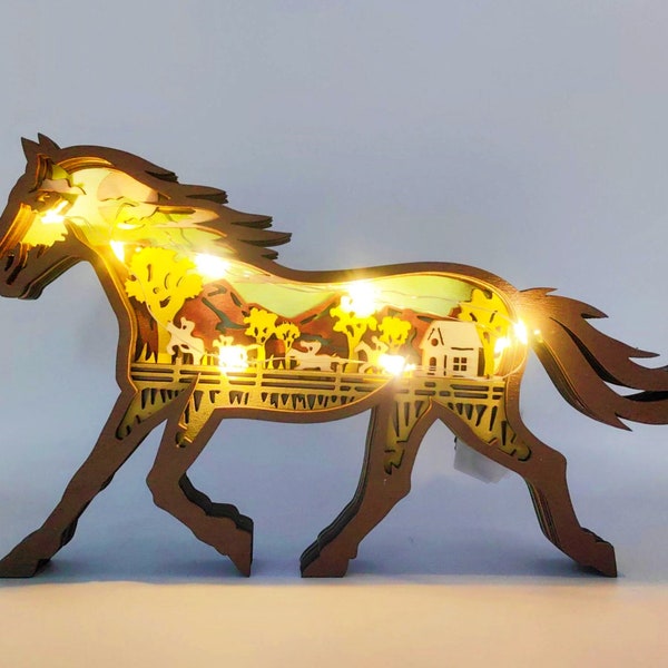 Décorations de chevaux en bois sculpté avec lumières - Décoration d'animal en bois 3D - Jouets en bois pour enfants - Cadeau de Nouvel An pour la maison