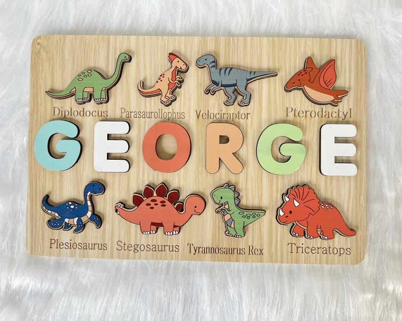 Custom Handmade Puzzle With Dinosaur ,Wooden Name Puzzle,Personalized Baby Name Puzzle,Montessori Baby Toys, 1st Birthday Gifts for Baby image 2