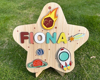 Custom Wooden Name Puzzle in Star Shape-Montessori Baby Name Puzzles-Rocket/Planet/Mars Wooden Toys for Toddler-Unisex Kids 1st/2nd Birthday