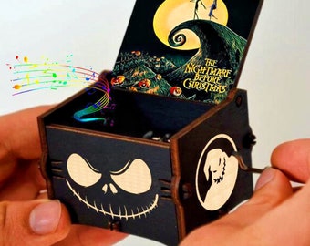 Halloween Wooden Hand-Cranked Music Box,Halloween Theme Music Chest,The Nightmare Before Christmas Wooden Music Box,Handmade Collectible