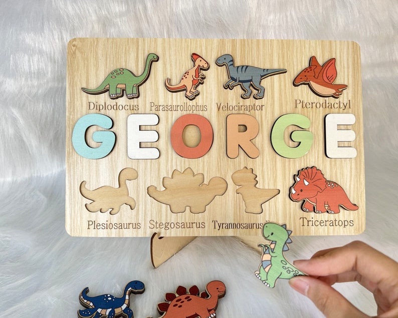 Custom Handmade Puzzle With Dinosaur ,Wooden Name Puzzle,Personalized Baby Name Puzzle,Montessori Baby Toys, 1st Birthday Gifts for Baby image 5