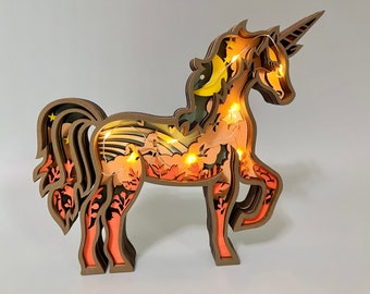 Wooden Carved 3D Animal Unicorn Desk Decoration With Light,Animals Desktop Ornaments,Wooden Toys For Kids- Easter Gift for kids