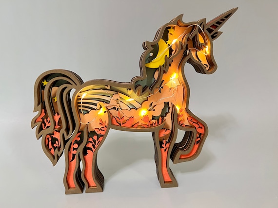 Wooden Carved 3D Animal Unicorn Desk Decoration With Light,Animals Desktop Ornaments,Wooden Toys For Kids- Easter Gift for kids