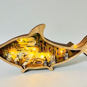 3D Wooden Carved Fish And Cat Statue With LED Light-Wooden Animal Home Decoration-Wooden Shark-Multilayer Painting and Carving Art-Wood Cat