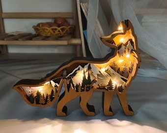 Gepersonaliseerde houten gesneden 3D vos met licht bureaudecoratie-dieren ornamenten in boslandschap-houten speelgoed voor kinderen-aangepast cadeau voor kinderen
