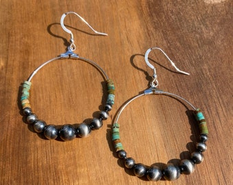 Turquoise and Navajo Pearl Ear Hoop