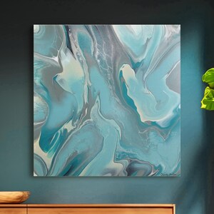 Tranquil Fusion - Aqua blauwgroen grijs crème abstract acrylgietschilderij