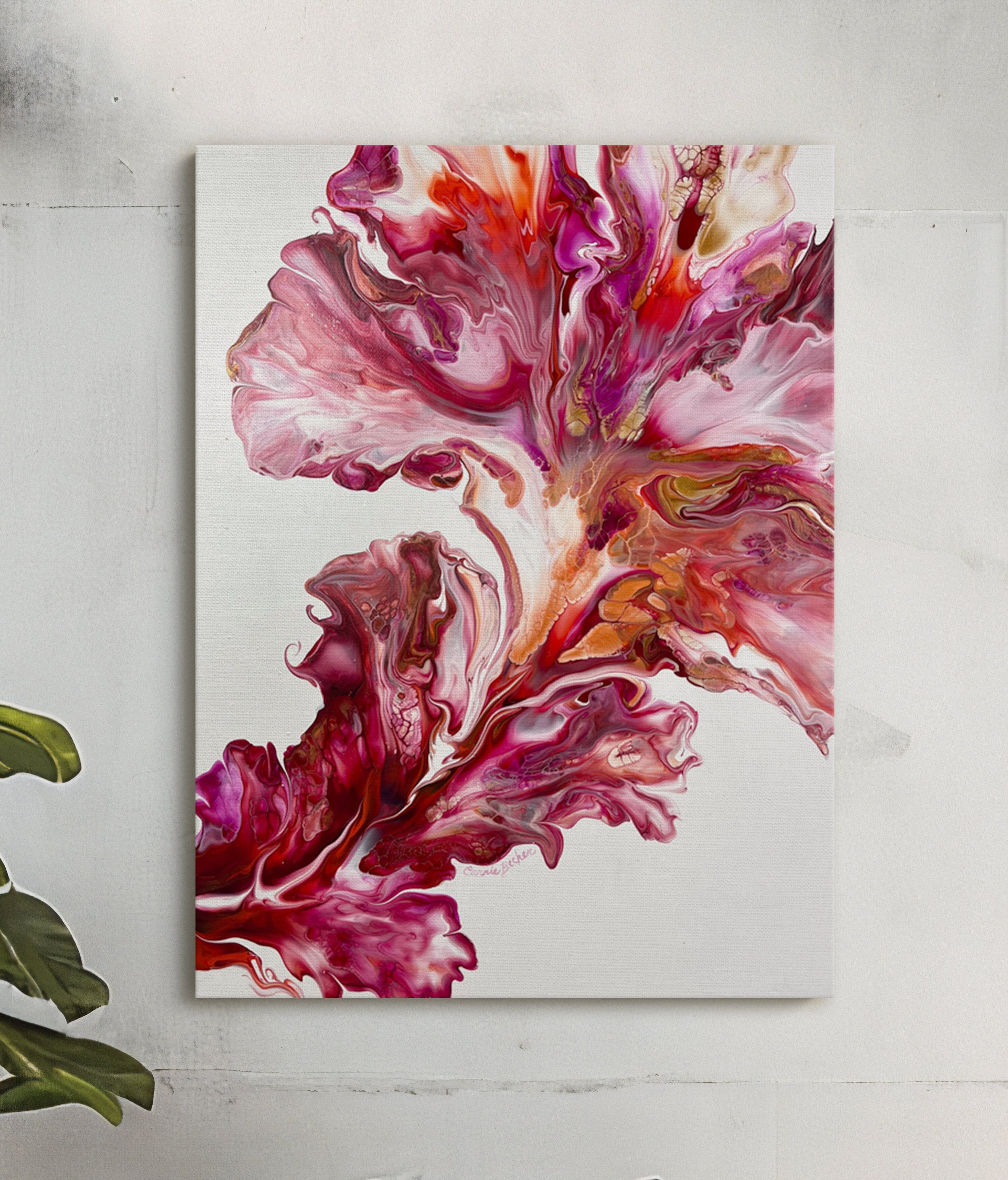 Abstract Acrylic Pour Painting Red Floral Canvas Wall Art