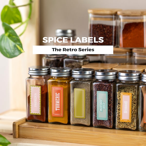 RETRO inspired SPICE labels | 50 spice labels, at-home, templates, 40 blank Templates, Curry, Basil, Chili Powder, Dill, Garlic Salt, Nutmeg