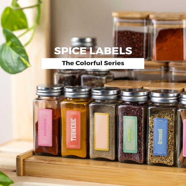 COLORFUL SPICE labels | 50 spice labels, at-home, templates, 40 blank Templates, Oregano, Cumin, Turmeric, Allspice, Ginger, Cardamom, Spice