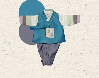 May include: A traditional Korean hanbok set featuring a teal vest with a floral embroidered patch, long sleeves with multicolored striped panels, and grey trousers. The garment includes a small square logo with the text "ㅂㄴㄱ bok" in the corner.