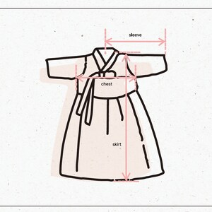 Puede incluir: Dibujo de l&iacute;nea de un vestido tradicional coreano con medidas para el pecho, la falda y la longitud de la manga.