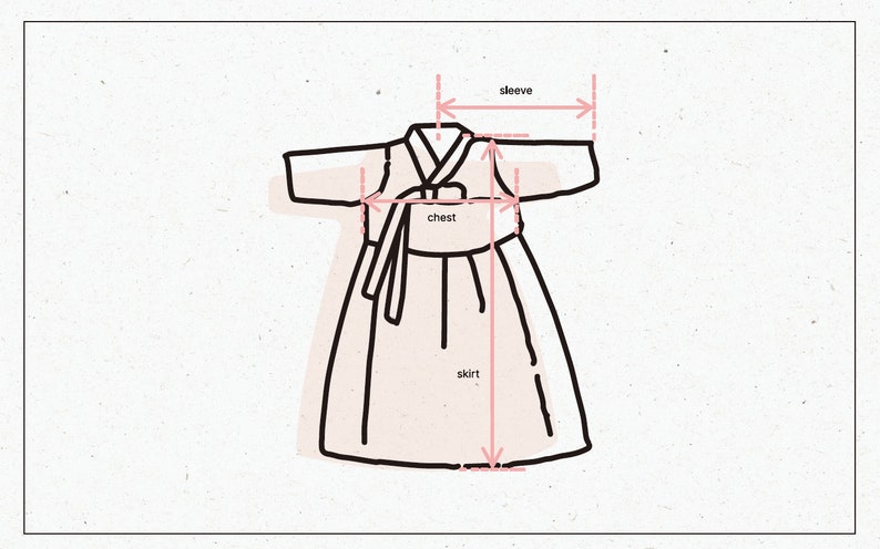Puede incluir: Dibujo de l&iacute;nea de un vestido tradicional coreano con medidas para el pecho, la falda y la longitud de la manga.