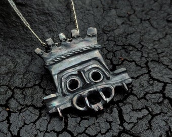Silver Tlaloc Pendant - Ancient Aztec Rain God Oxidized Silver Necklace