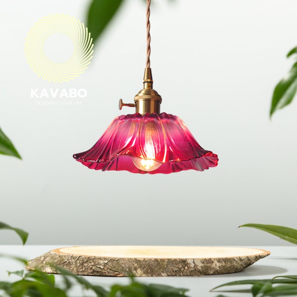 Glass Flower Pendant Light for Kitchen Island, Pink Art Ceiling Light for Living Room , Hanging Light for Dining Table