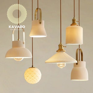 Japanese Ceramic Pendant Light for Kitchen island, White Ceiling Light for Kitchen & dining, Morden Chandelier lighting for Bedroom