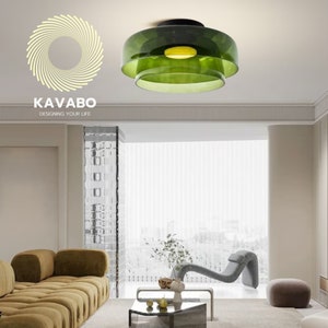 Glass Flush Mount Ceiling Light for Living Room, Green Chandelier Lighting for Office Decor, Bedroom Vintage Style Ceiling Lamp