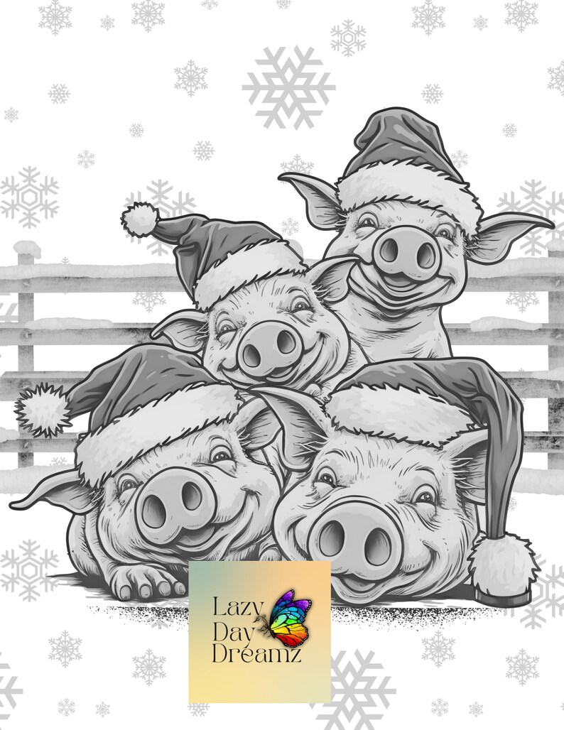 Pigs Christmas, Coloring Page, Greyscale, Adult Coloring, Cute Coloring Page, Instant Download ...