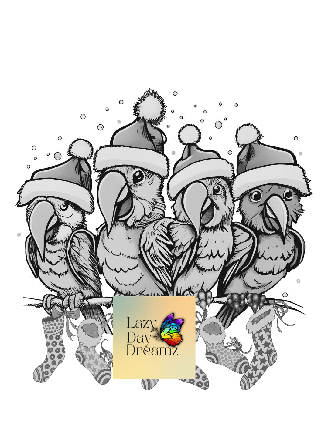 Parrots Christmas, Coloring Page, Greyscale, Adult Coloring, Cute ...