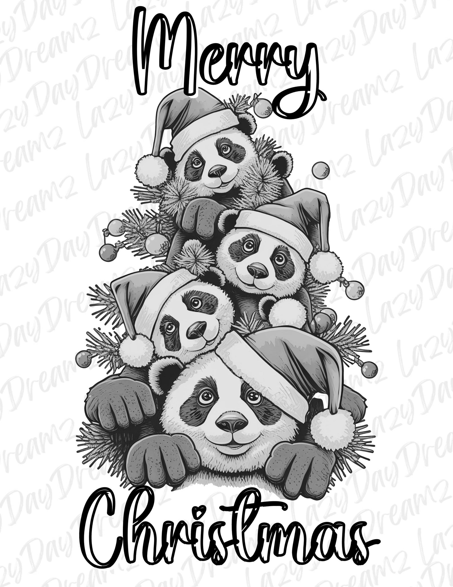 Panda Christmas, Coloring Page, Greyscale, Adult Coloring, Cute