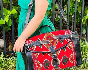 Kilim Carpet Travel Bag Genuine Leather Duffle Bag Moroccan Weekender Bag adjustable Strap Unique Bohemian Design, Carry-On Friendly (Large)