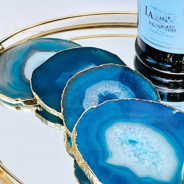 Natural Blue Agate  Crystal Wine Bottle Champagne Stopper Barware 4” Gold Electroplated Coasters wine gift set for her bridal shower gift