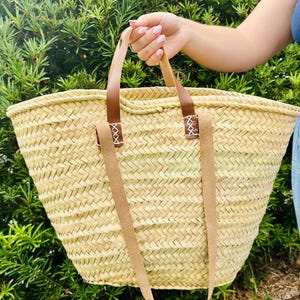 FRENCH BASKET Straw Bag w/ Genuine Leather Handles Beach Bag Straw Bag Market Basket Moroccan Basket Crossbody Bag Summer LARGE L 19&#39; x 12&quot;