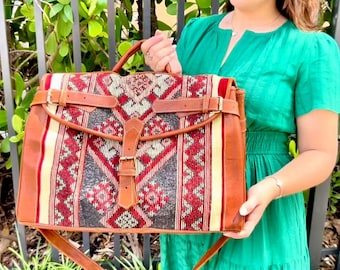 Kilim Carpet Travel Bag Genuine Leather Duffle Bag Moroccan Weekender Bag adjustable Strap Unique Bohemian Design, Carry-On Friendly (Large)