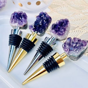 Natural Amethyst Teeth Raw Crystal Wine Stopper Bottle Gold Silver Handmade Wine Champagne Gifts for Her Bridal Shower Minimalist Decor