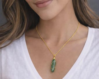 Dulong Jade Natural Crystal Hexagonal Bullet Gold Wire Wrapped Pendant Adjustable Minimalist Necklace Boho Hypoallergenic chain Boho Jewelry
