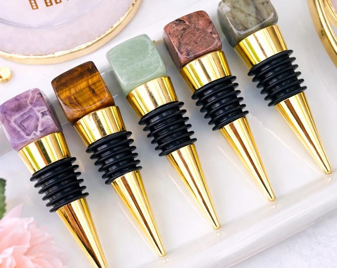 Handcrafted Natural Crystal Wine Bottle Stopper Minimalist Gold Barware Aventurine Amethyst Rhodonite Labradorite Tigers Eye Gifts vintage
