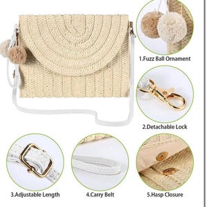 May include: A beige straw crossbody bag with a white strap and gold-colored hardware. The bag features a flap closure and is adorned with two fuzzy ball ornaments. The bag has an adjustable length and a detachable lock.