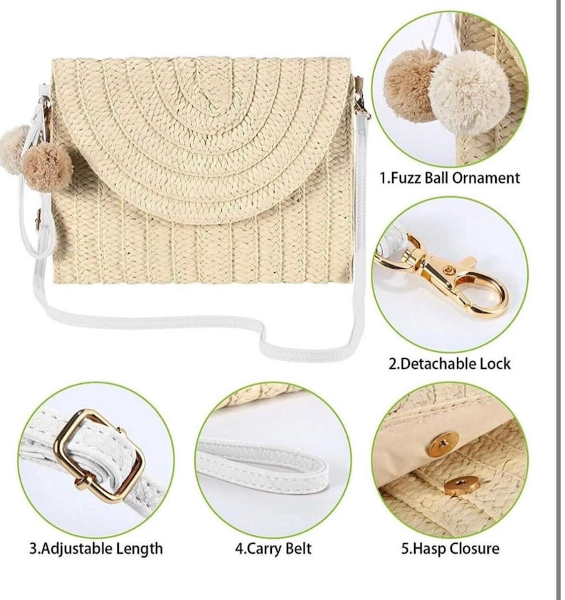 May include: A beige straw crossbody bag with a white strap and gold-colored hardware. The bag features a flap closure and is adorned with two fuzzy ball ornaments. The bag has an adjustable length and a detachable lock.