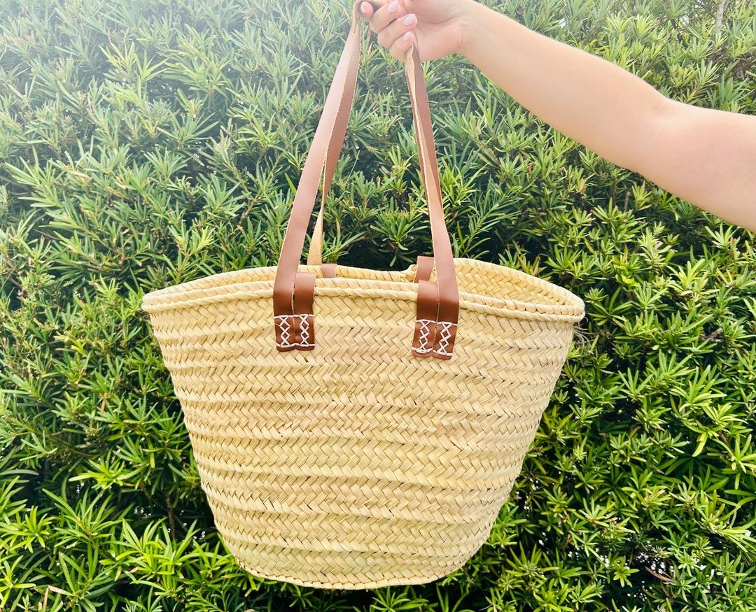 FRENCH BASKET Straw Bag W/ Genuine Leather Handles Beach Bag Straw Bag ...