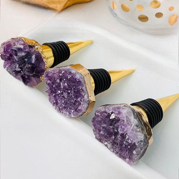 Natural Amethyst Cluster Crystal Wine Stopper Bottle Gold Handmade Wine Champagne Gifts for Her Bridal Shower Minimalist Decor Bridesmaid