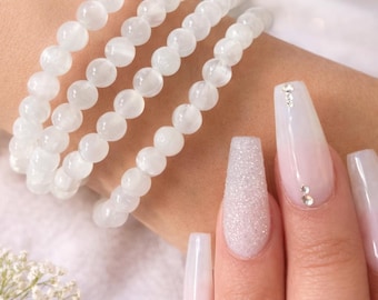 Natural Beautiful White Selenite Beaded Gemstone Crystal Bracelet Jewelry 4mm 6mm 8mm Crystal Stretch Bracelet Boho Minimalist Gift for Her