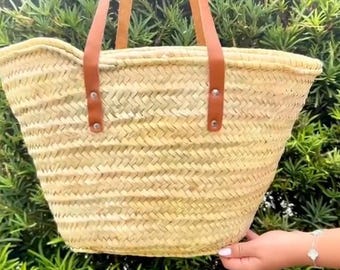 FRANZÖSICHER KORB Strohtasche mit Echtleder Griffen Strandtasche Strohtasche Marktkorb Crossbody Bag Sommertasche 45cm x 30cm