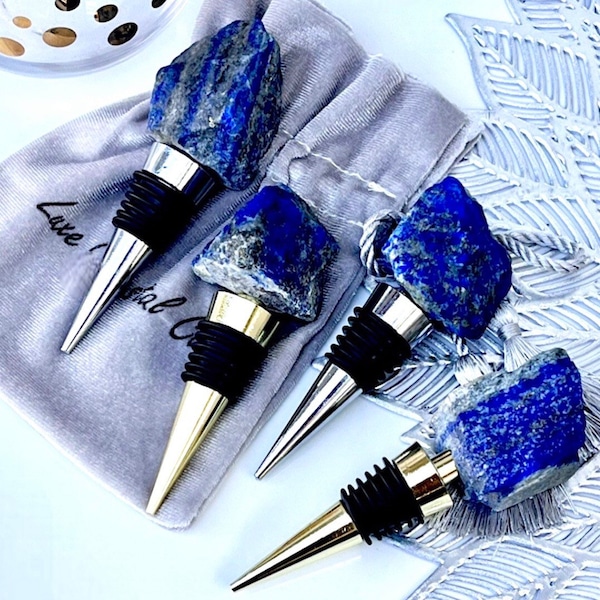 Handcrafted Natural Lapis Lazuli Raw Blue Gray Crystal Gemstone  Gold Silver Bottle Wine Stopper Minimalist Barware Wine Gifts for him dad